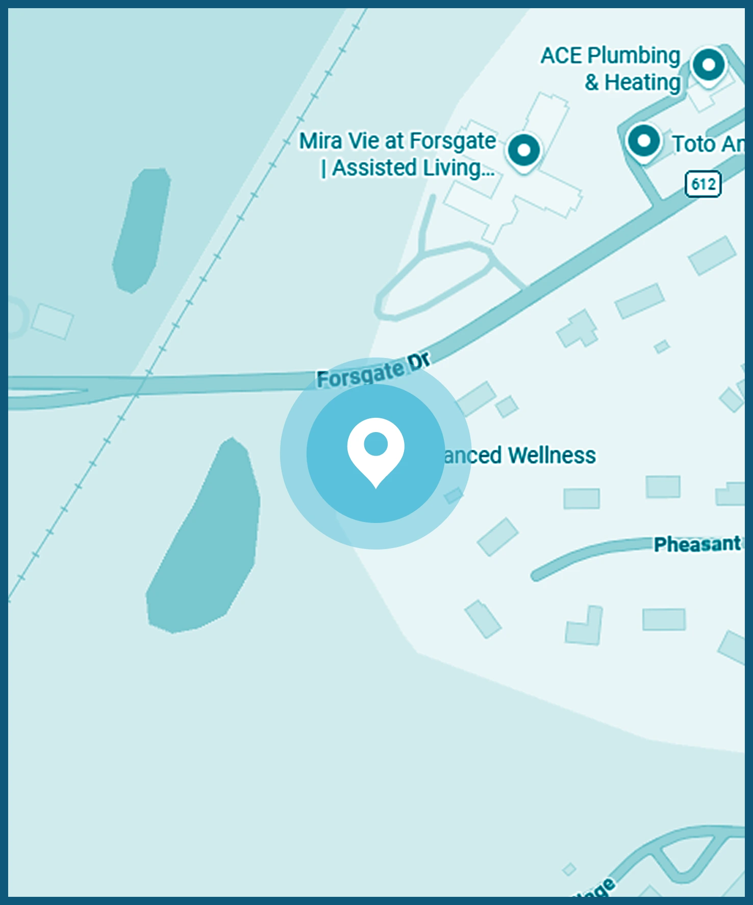 Map showing Advanced Wellness location on Forsgate Drive near Mira Vie at Forsgate assisted living