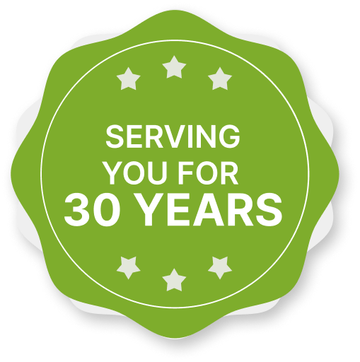 Green badge seal with five stars reading SERVING YOU FOR 30 YEARS