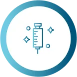 Syringe icon with sparkles on blue circular background