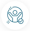 Person with arms around themselves with checkmark badge, representing confidence