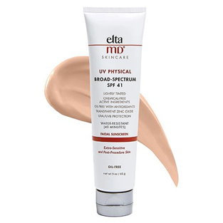 Elta MD UV Physical Broad-Spectrum SPF 41 sunscreen tube with swatched product on hand