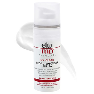 Elta MD UV Clear Broad-Spectrum facial sunscreen bottle with product texture swatch