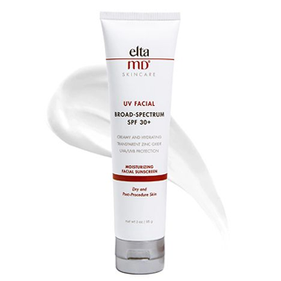 Elta MD UV Facial Broad-Spectrum SPF 30 sunscreen tube with product application shown