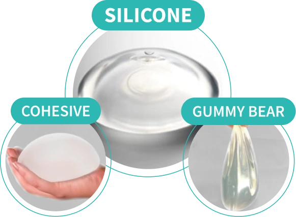 Three breast implant types labeled silicone, cohesive gel, and gummy bear