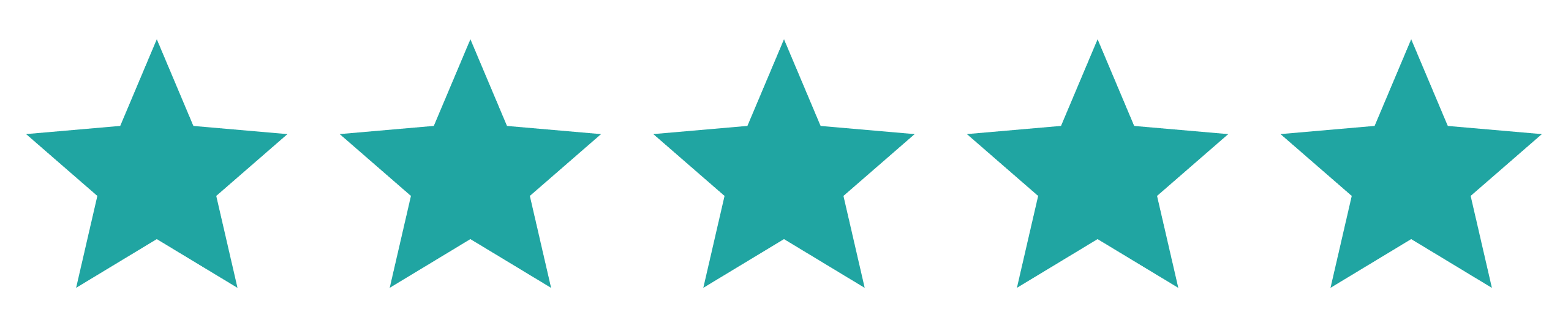 Five filled teal stars in a row