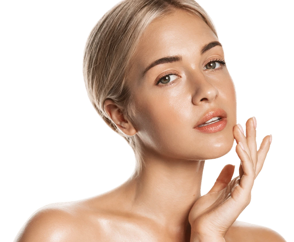 Woman touching her face, demonstrating smooth skin with a neutral background