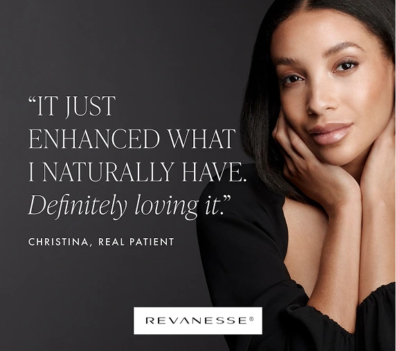 Woman with hand to face smiling, with patient testimonial quote about Revanesse filler results