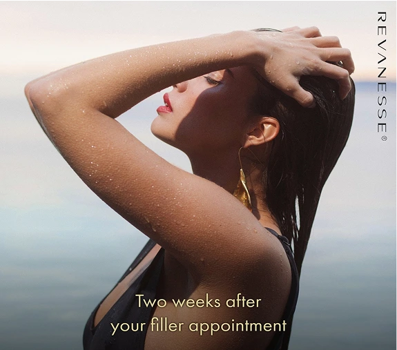 Woman with dark hair and wet skin with arms raised, text reads 'REVANESSE® Two weeks after your filler appointment'