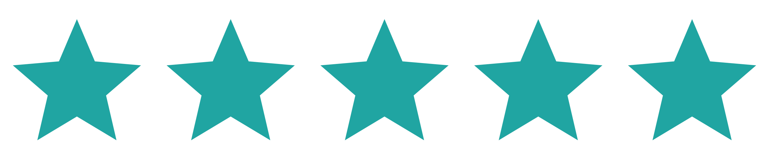 Five teal stars in a row, representing a five-star rating