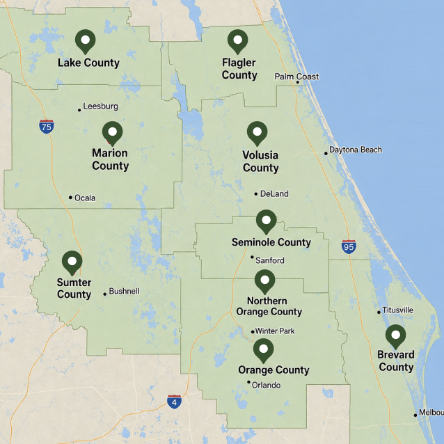 Map of central Florida showing Alive & Well Wound Care service locations in Lake, Flagler, Marion, Volusia, Seminole, Northern Orange, Orange, Sumter, and Brevard counties