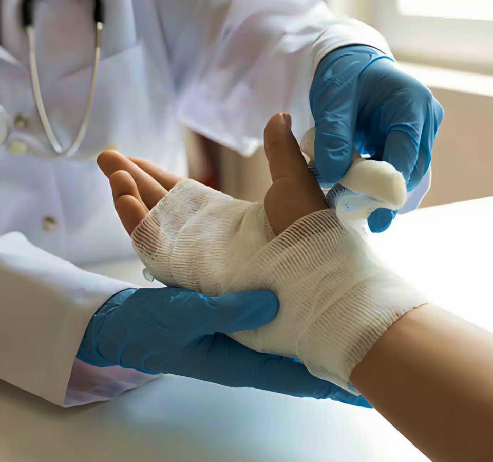 Healthcare provider in white coat and blue gloves examining a patient's bandaged hand