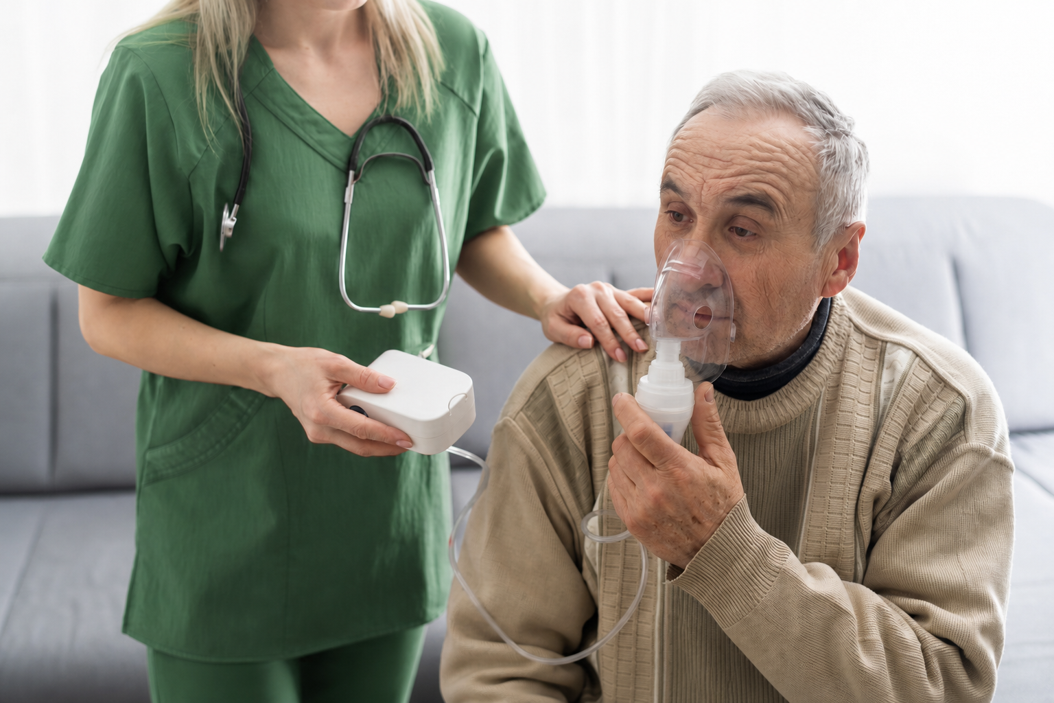 Healthcare provider assisting senior man with nebulizer mask treatment
