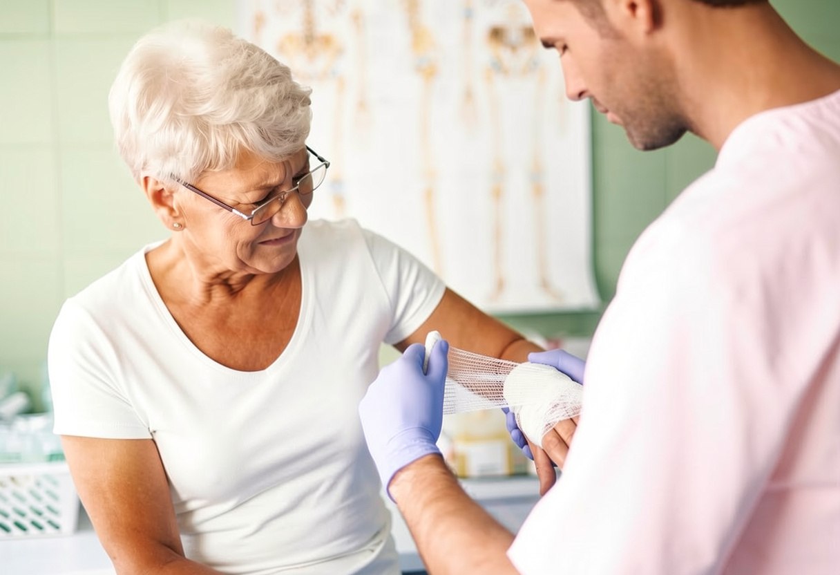 Male healthcare provider examining senior woman's bandaged arm during wound assessment