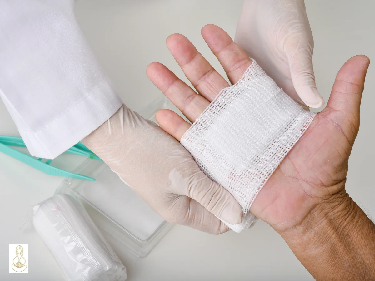 Healthcare provider's gloved hands holding patient's hand with fresh white gauze dressing
