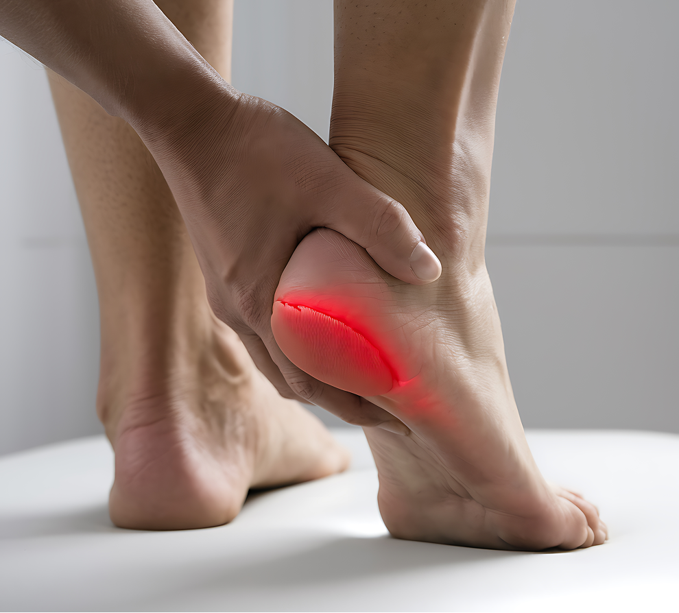 Person holding foot with red highlighted pain area on heel and sole