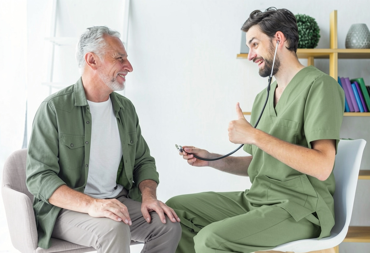 Male healthcare provider in green scrubs using stethoscope while consulting senior male patient