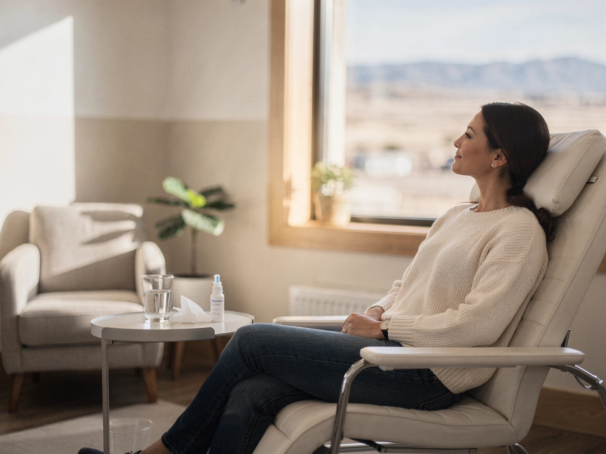 Woman reclining by a large window during an infusion visit