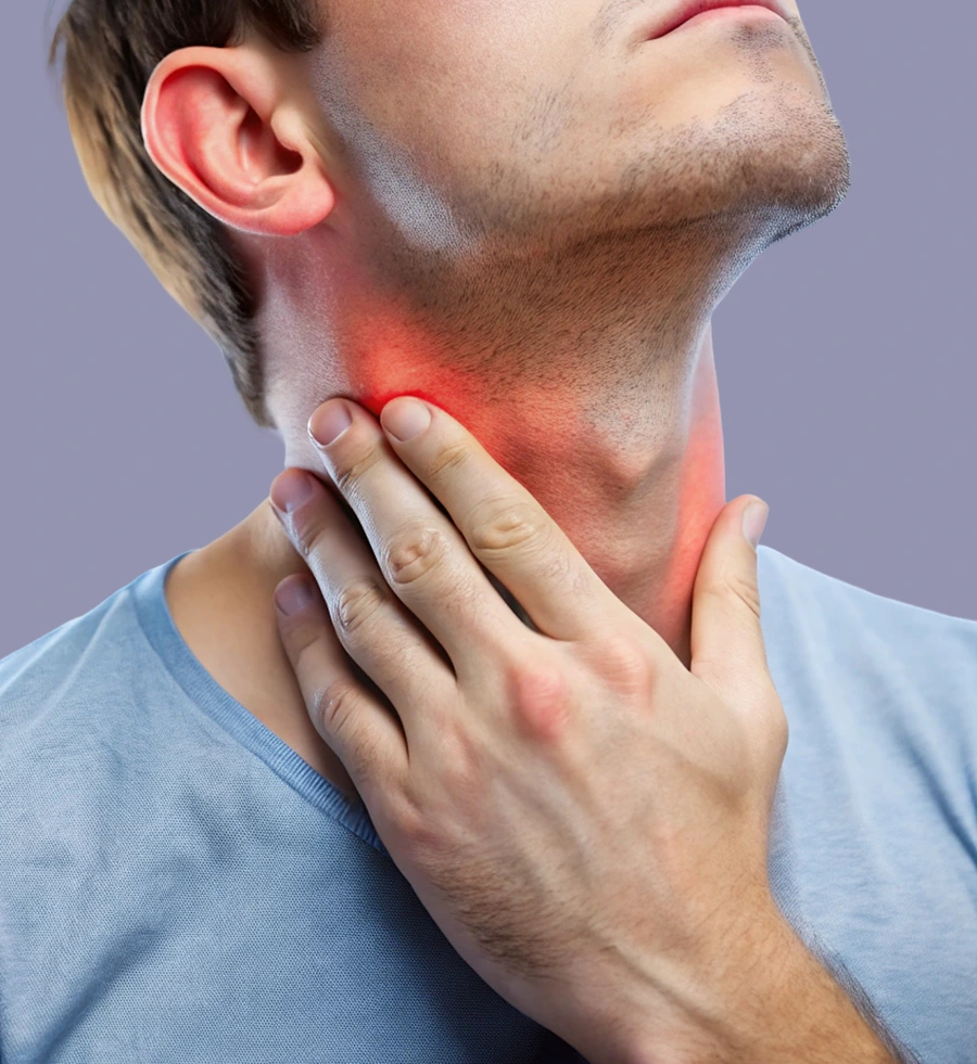 Man's neck and jaw with red highlighting showing parathyroid disease symptoms