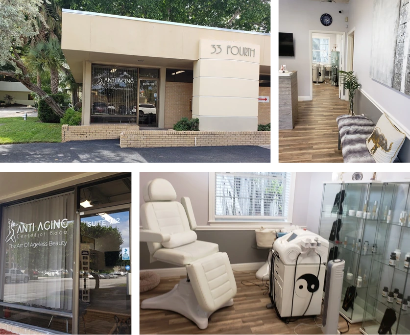 Anti Aging Center of Boca Raton exterior storefront, reception area, treatment chair, and equipment room