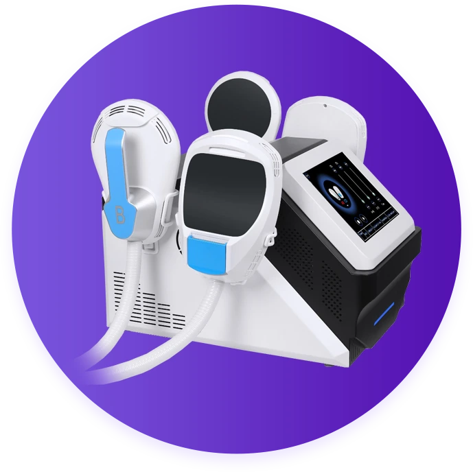 EMSculpt device with applicator heads and control unit on purple background