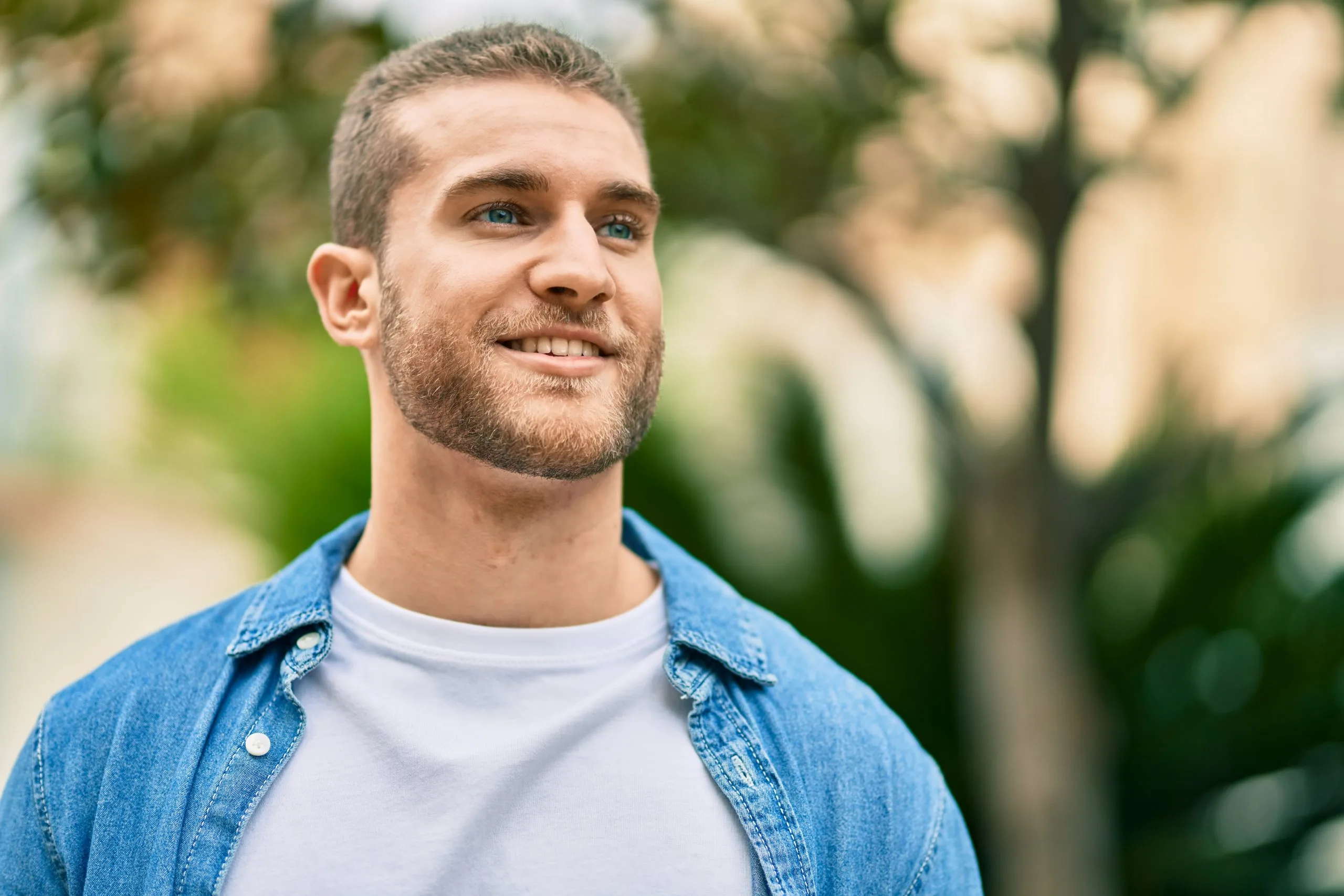 Smiling man in denim shirt with blurred green background