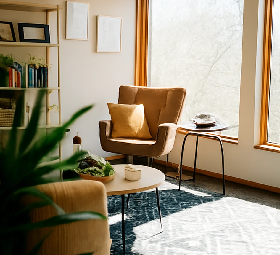 Bright therapy office with mustard chair, shelving, plants, and large windows