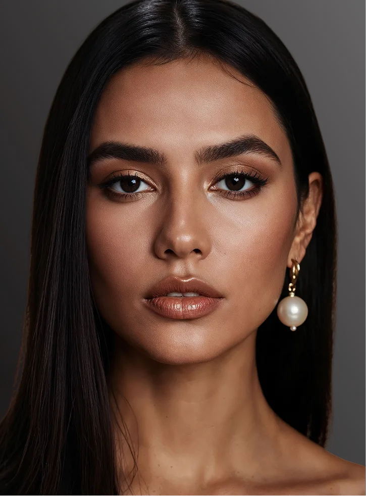 Woman with long black hair and gold eyeshadow wearing pearl drop earring