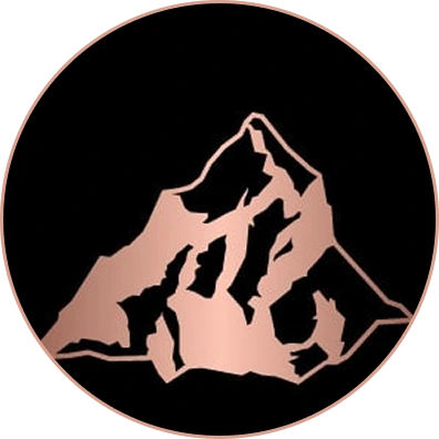 Mountain peak icon in peach and black circular design