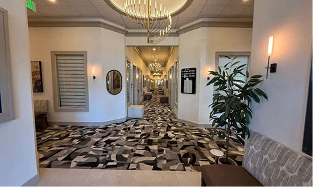 Modern medical spa hallway with geometric patterned flooring, pendant lighting, and potted plant