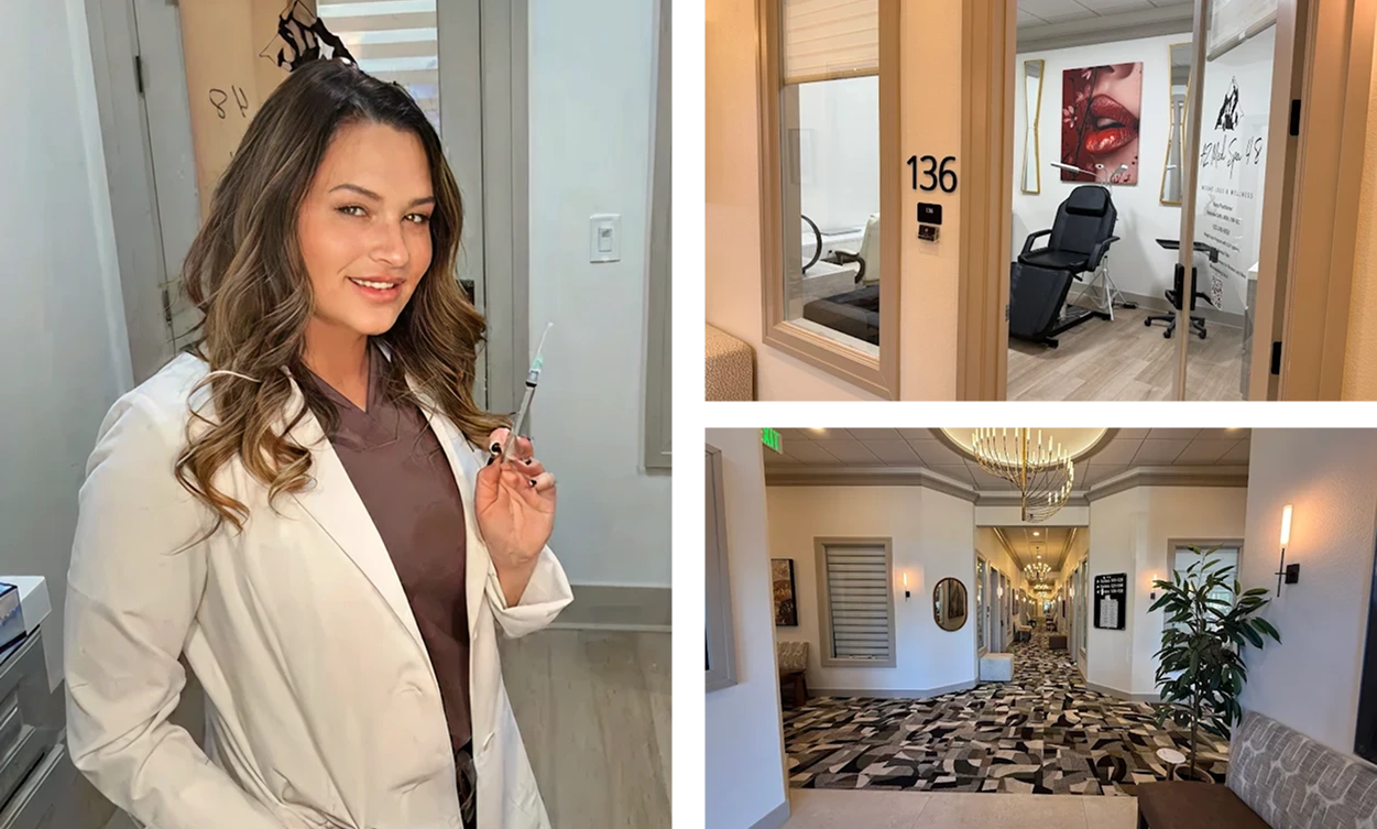 Healthcare provider in white coat; treatment room 136 with black chair and lip artwork on wall; spa reception hallway