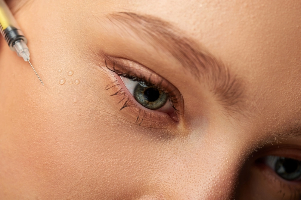 Syringe injecting filler into eyelid area of patient with green eyes