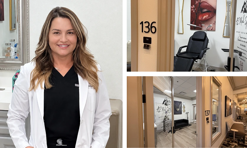 Stephanie Duffy, provider at AZ Medspa 48, smiling in white coat at Peoria location
