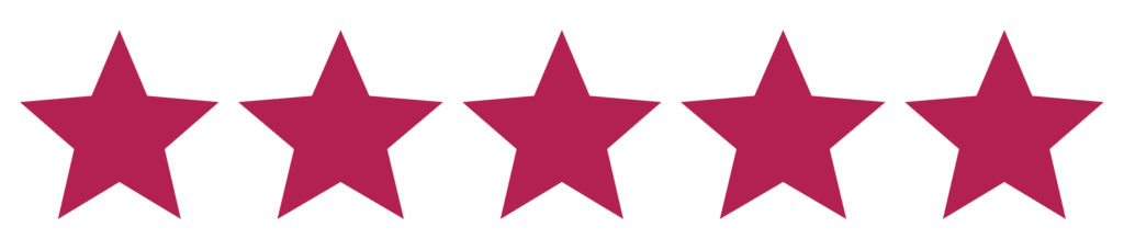 Five burgundy stars in a row representing a five-star rating