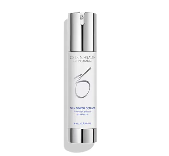 ZO Skin Health Daily Power Defense sunscreen bottle with silver pump dispenser