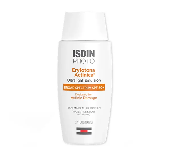 ISDIN PHOTO Eryfotona Actinica Ultralight Emulsion SPF 50+ mineral sunscreen 3.4 fl oz bottle