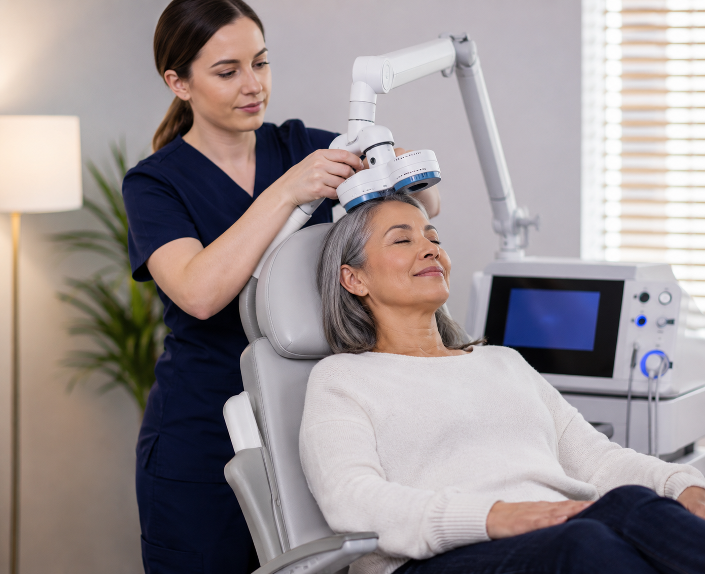Healthcare provider administering TMS treatment to a patient seated in a clinical chair