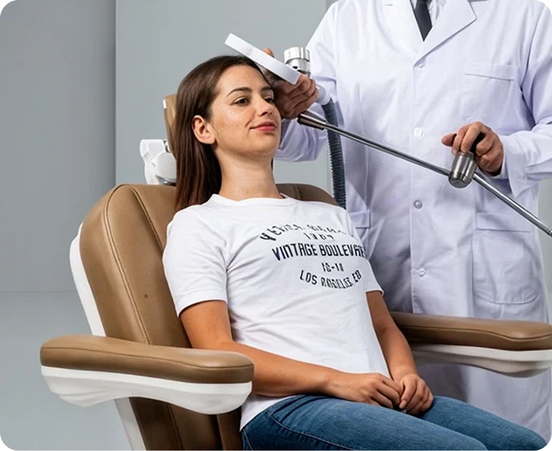 Clinician administers TMS therapy to seated patient, positioning magnetic coil against her head