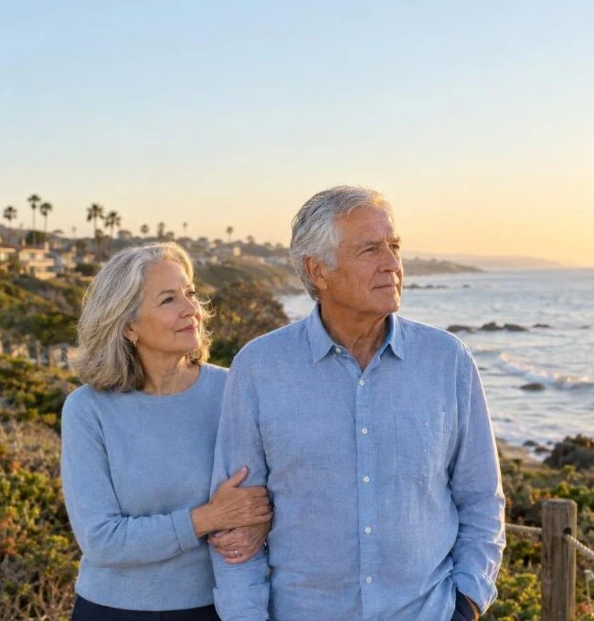 Older couple walking together on a coastal path at sunset