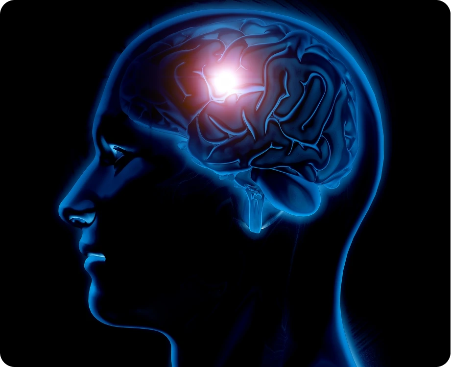 3D illustration of human brain in blue with glowing highlighted area on left frontal lobe