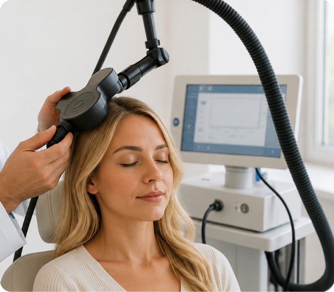 Clinician applying TMS coil to patient's head with computer monitor visible in background