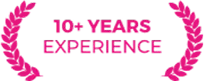 10+ Years Experience badge with pink laurel wreath design