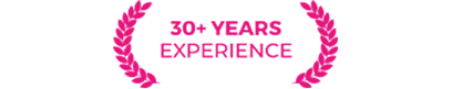 30+ Years Experience badge with pink laurel wreath design