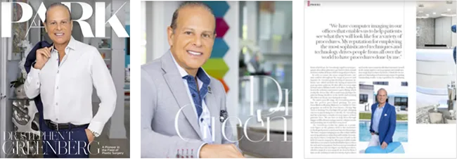 Three magazine and publication covers featuring Dr. Stephen Greenberg, including Park Magazine spread