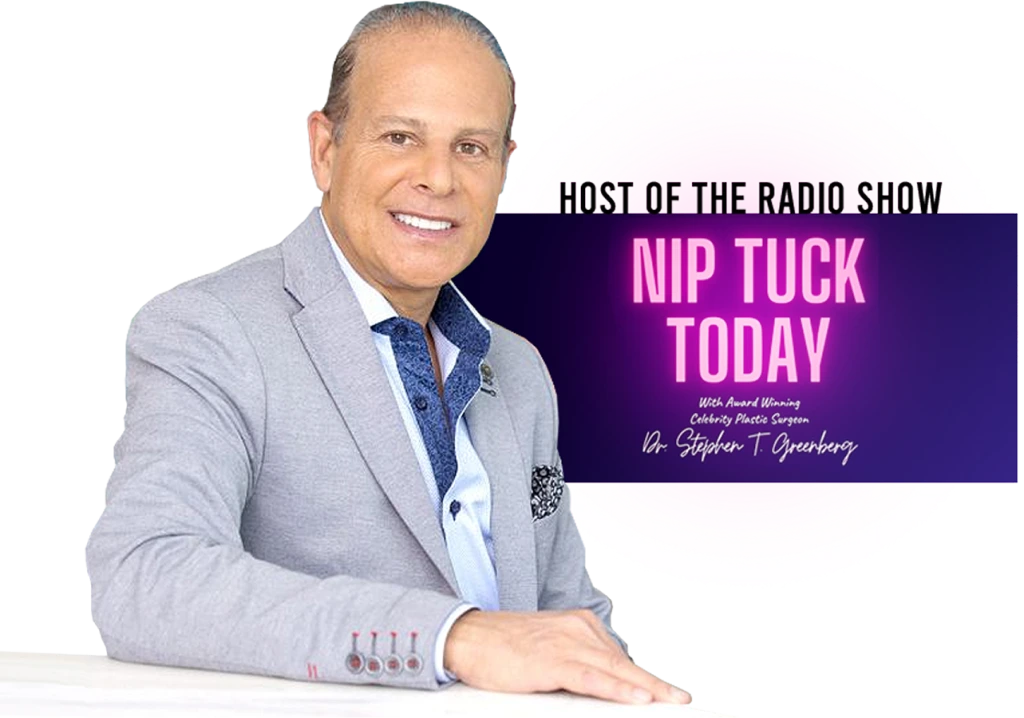 Man in gray blazer smiling, with text overlay reading 'HOST OF THE RADIO SHOW NIP TUCK TODAY' and 'Dr. Stephen T Greenberg'