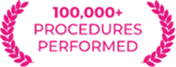 100,000+ Procedures Performed badge with pink laurel wreath design