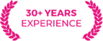 30+ Years Experience badge with pink laurel wreath design