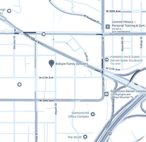 Map showing Brilliant Family Dentistry location on W 27th Ave in Denver, CO