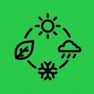 Circular diagram showing sun, leaf, rain, and snowflake icons for environmental factors