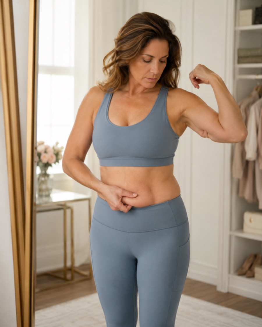 Woman in blue sports bra and leggings flexing her arm while looking at her abdomen in bedroom with mirror