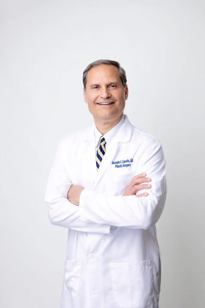 Joseph F. Capella, MD wearing white coat with striped tie, arms crossed, smiling at camera